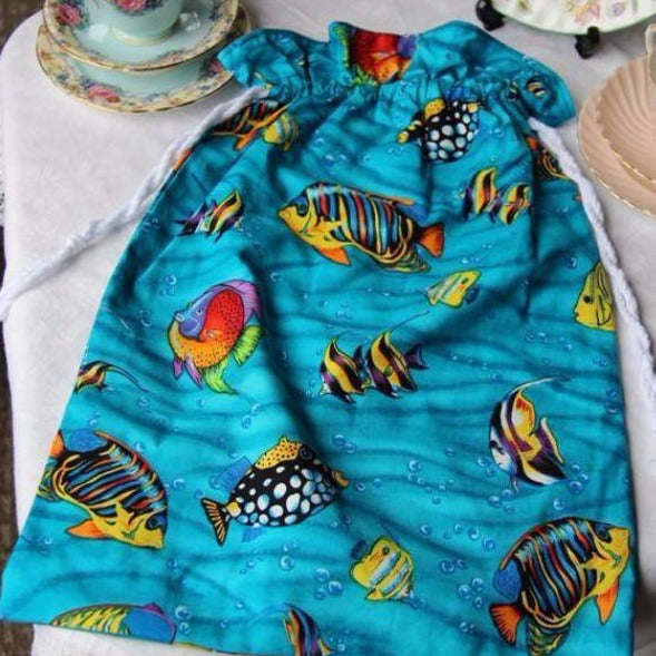 Drawstring  handmade Library Kindy bag with tropical fish.