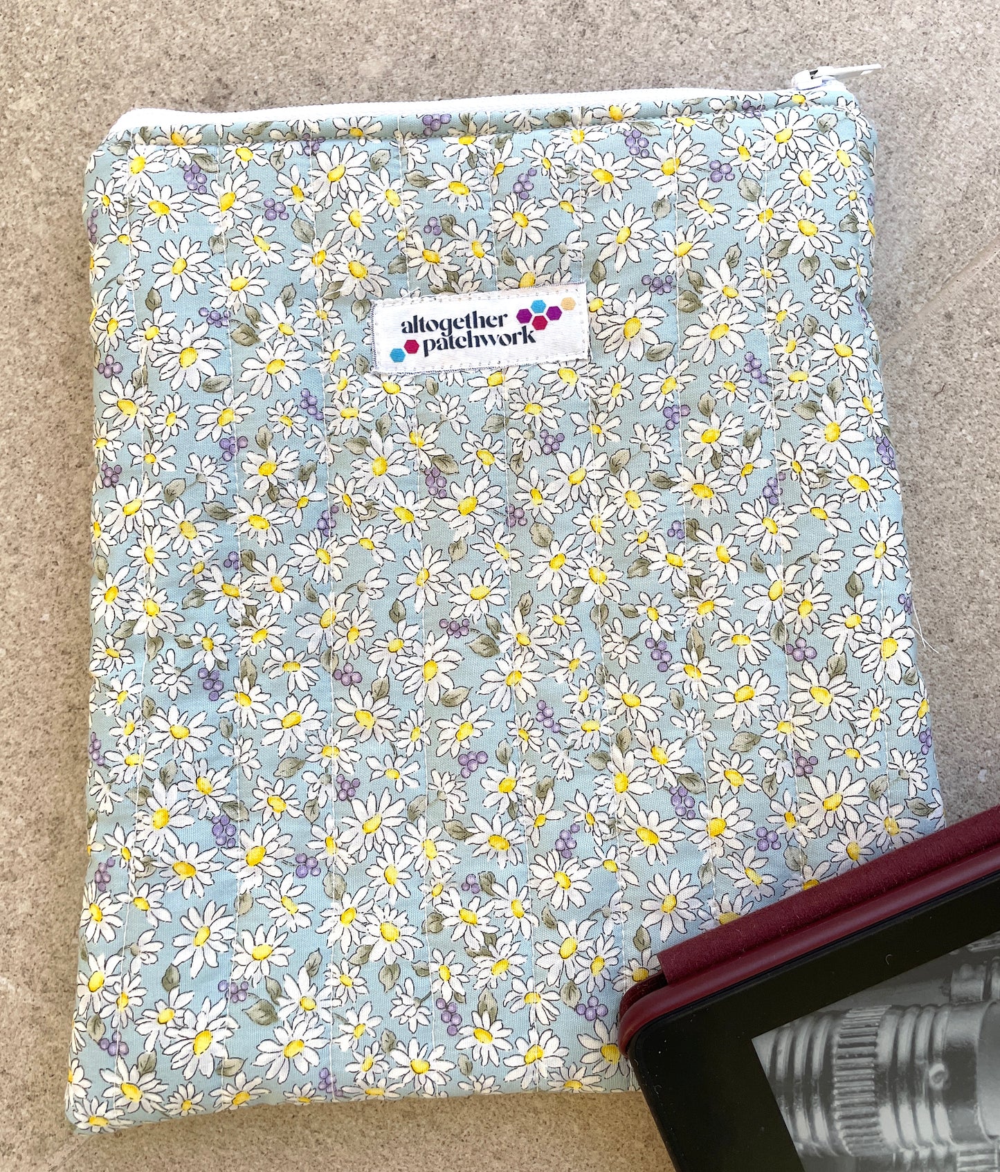 Quilted handmade kindle, ereader, tablet  pouch  blue daisy
