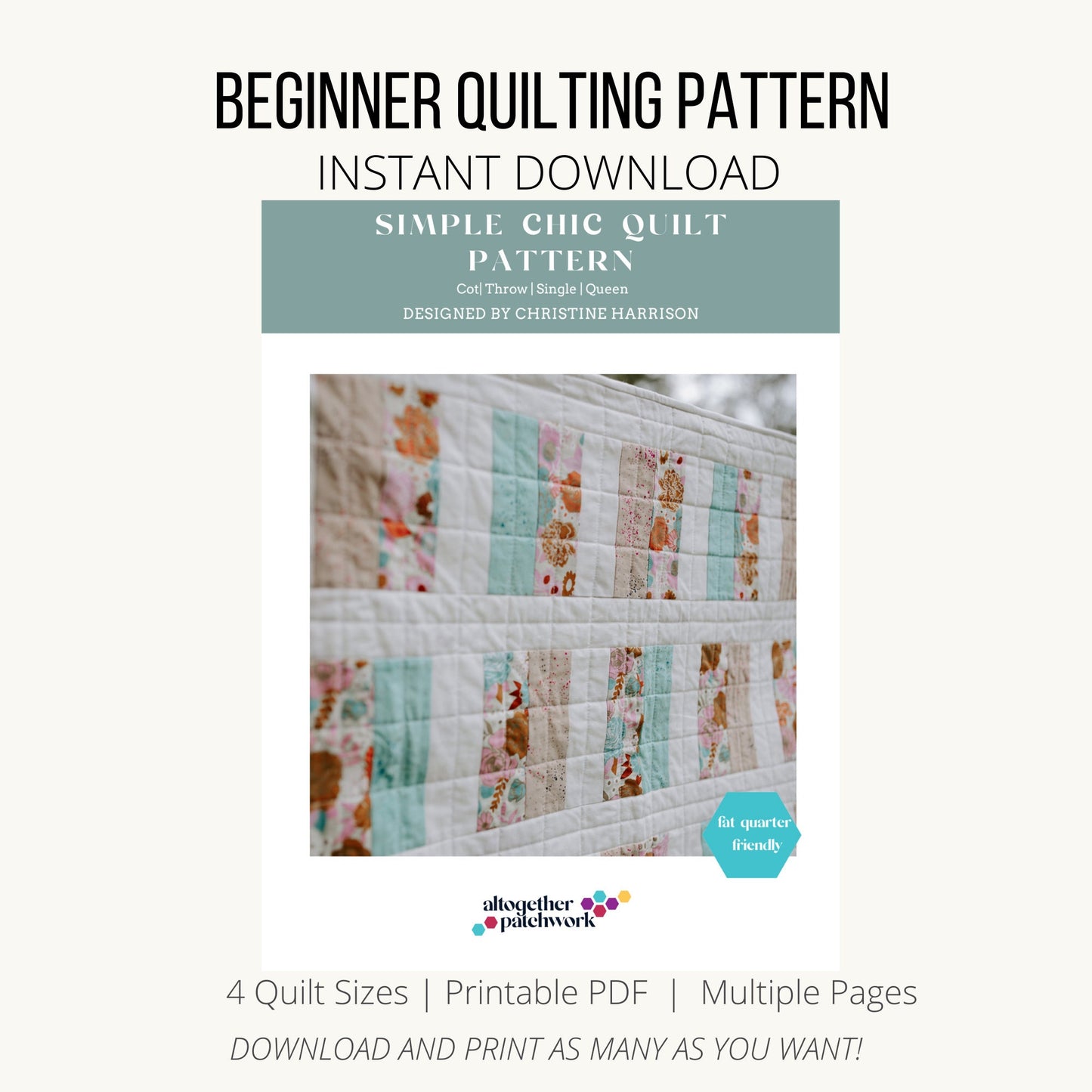 Beginner quilt pattern PDF bundle - 6 Products, Easy Patterns for beginners- 2 quilt patterns, bag and runner pattern, quilter cheat sheets.