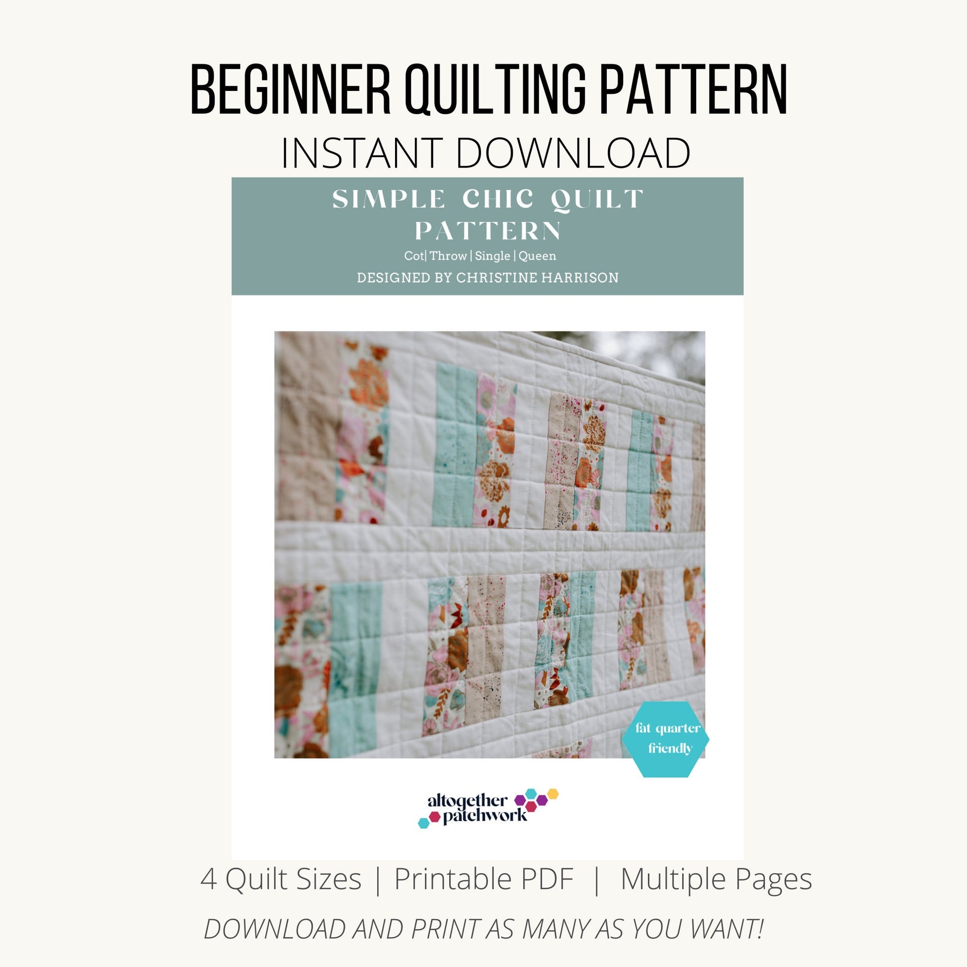 Beginner quilt pattern PDF bundle - 6 Products, Easy Patterns for beginners- 2 quilt patterns, bag and runner pattern, quilter cheat sheets.