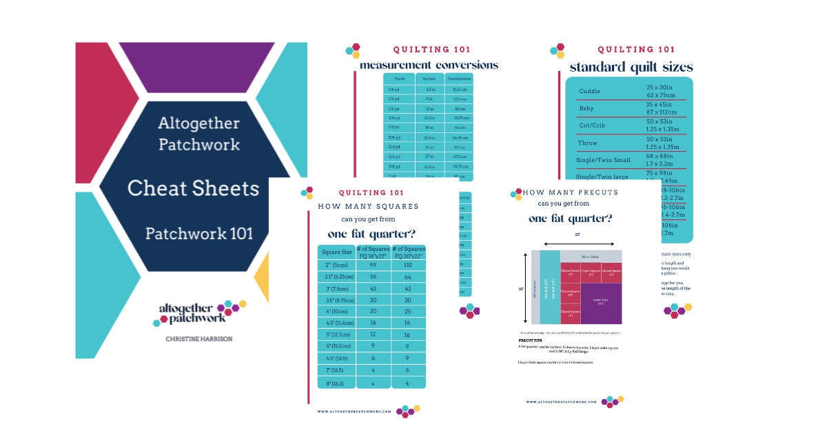 Beginner quilt pattern PDF bundle - 6 Products, Easy Patterns for beginners- 2 quilt patterns, bag and runner pattern, quilter cheat sheets.