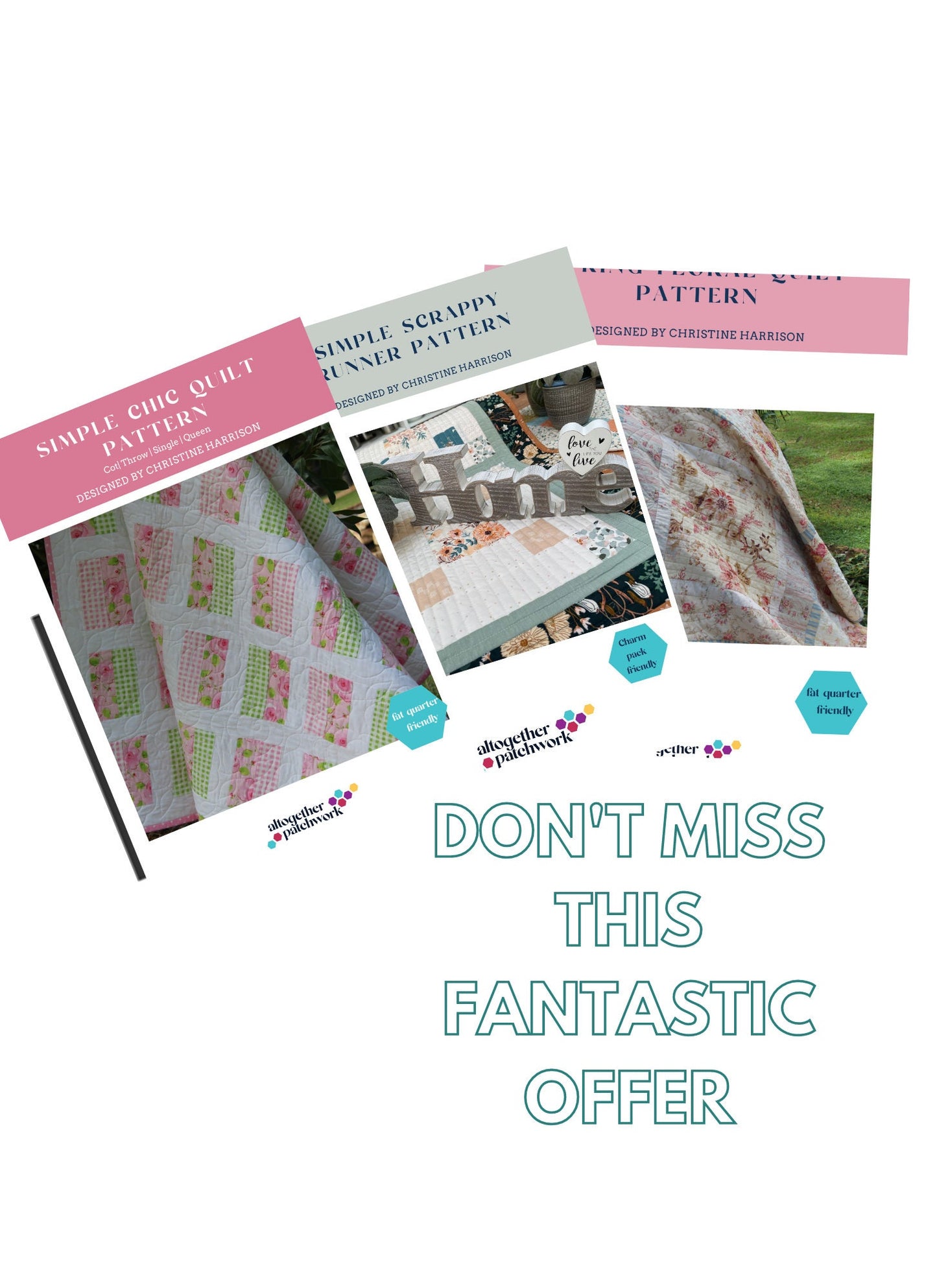 Beginner quilt pattern PDF bundle - 6 Products, Easy Patterns for beginners- 2 quilt patterns, bag and runner pattern, quilter cheat sheets.