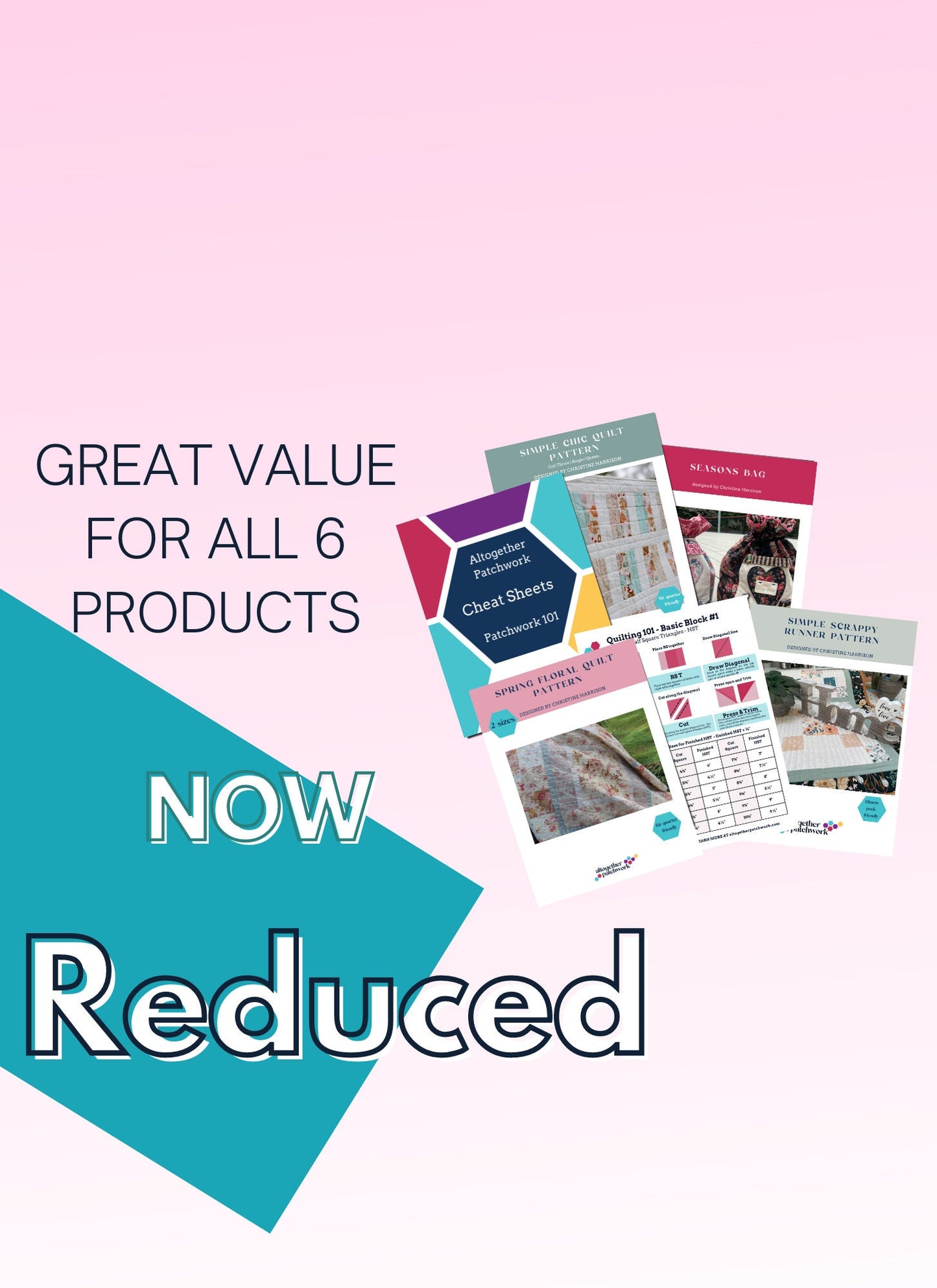 Beginner quilt pattern PDF bundle - 6 Products, Easy Patterns for beginners- 2 quilt patterns, bag and runner pattern, quilter cheat sheets.