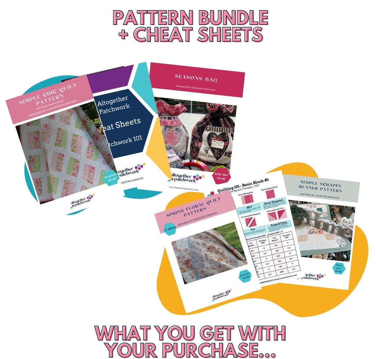 Beginner quilt pattern PDF bundle - 6 Products, Easy Patterns for beginners- 2 quilt patterns, bag and runner pattern, quilter cheat sheets.