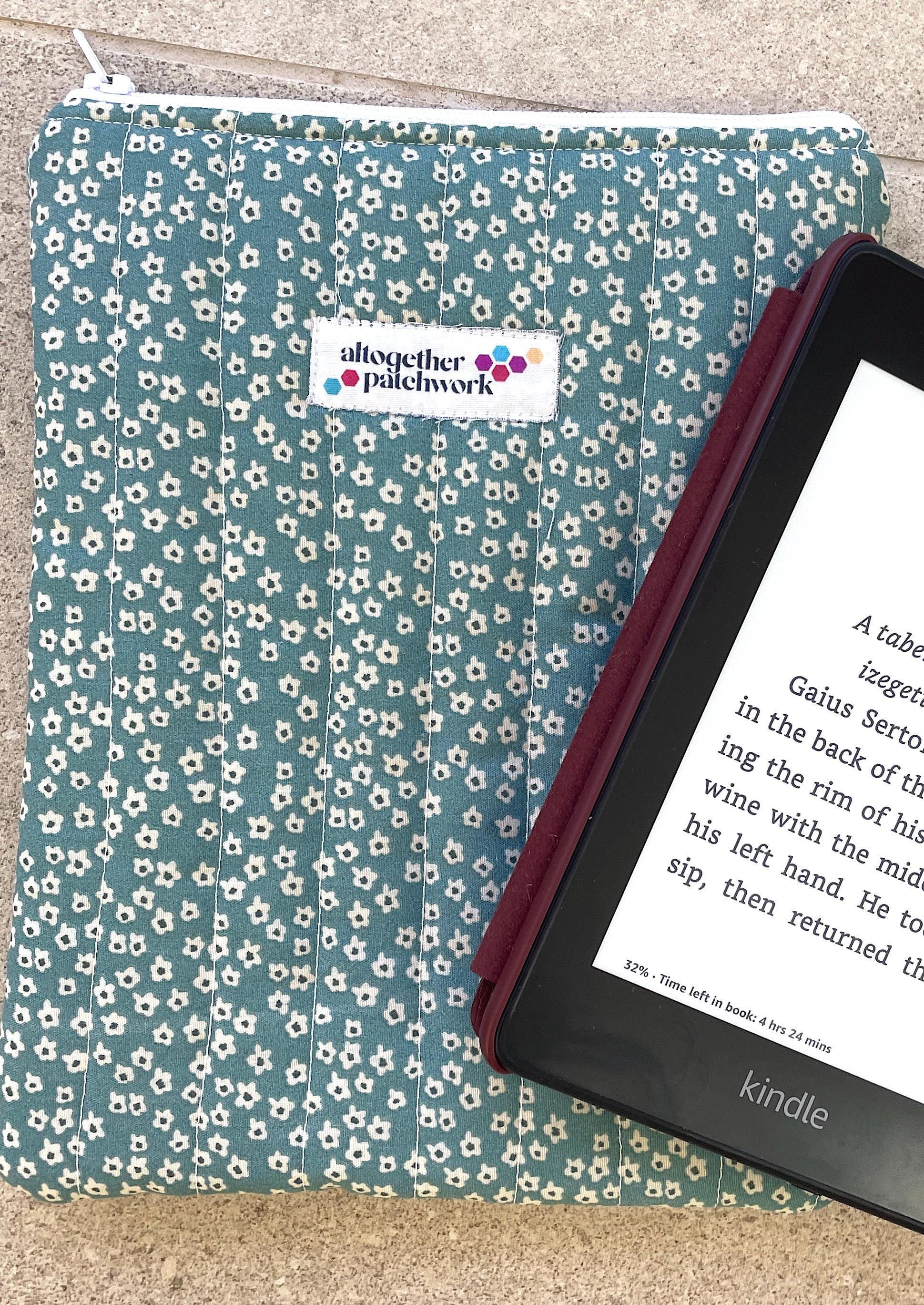 Quilted handmade kindle pouch ereader tablet fabric sleeve for book lover.