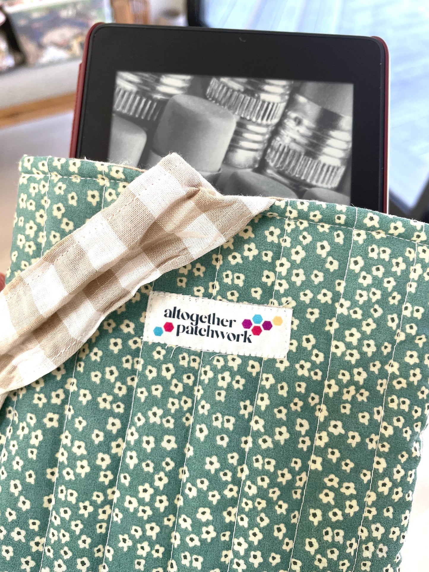 Quilted handmade kindle pouch ereader tablet fabric sleeve bow ties for book lover.