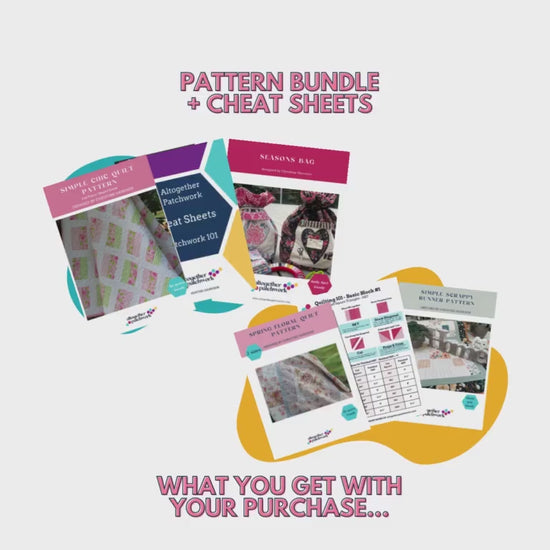 Beginner quilt pattern PDF bundle - 6 Products, Easy Patterns for beginners- 2 quilt patterns, bag and runner pattern, quilter cheat sheets.