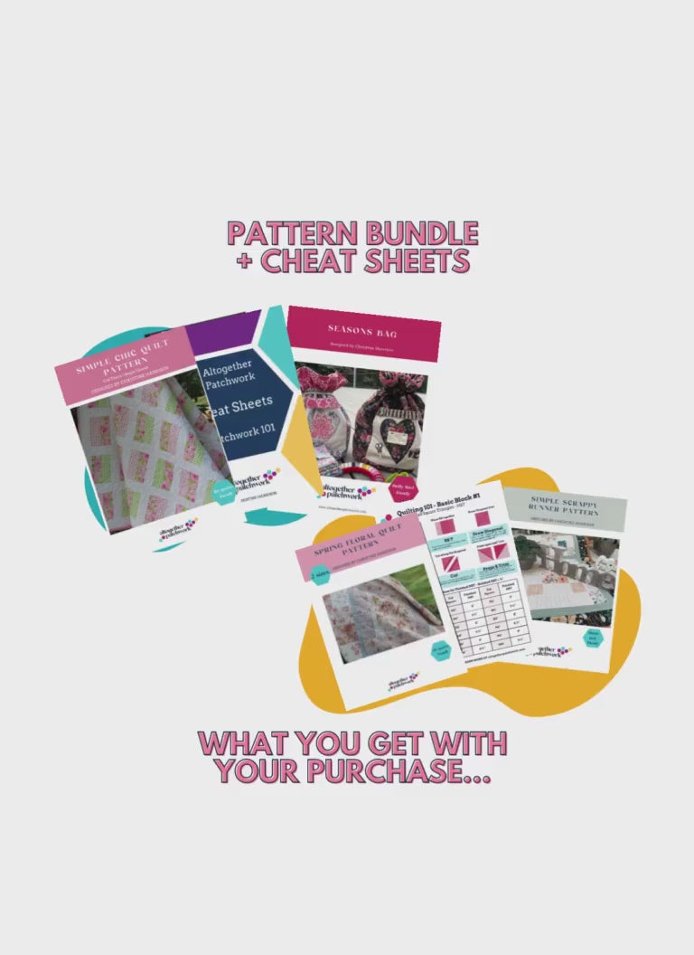 Beginner quilt pattern PDF bundle - 6 Products, Easy Patterns for beginners- 2 quilt patterns, bag and runner pattern, quilter cheat sheets.