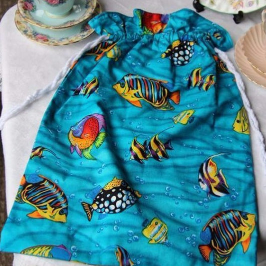 Drawstring  handmade Library Kindy bag with tropical fish. 